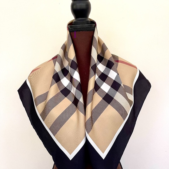 Display # 1 Burberry Scarf Classic Beige Check Black Border Silk Wrap - Picture 4 of 15